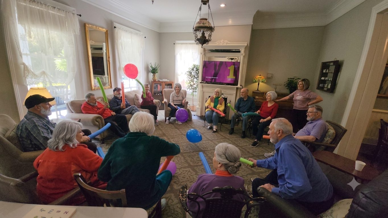 A group activity with pool noodles and balloons in the community living room
